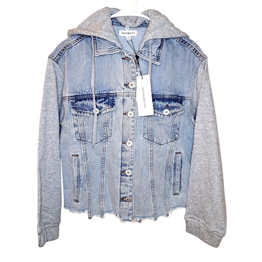 NEW Dance & Marvel Women Jean Jacket raw hem size XS Light Wash Detachable Hood
